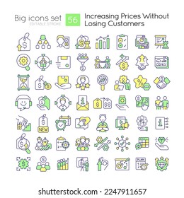 Incremento de precios sin pérdida de clientes de los iconos de color RGB. Estrategia empresarial. Ilustraciones vectoriales aisladas. Colección de planos de línea simple rellena. Trazo editable. Tipo de letra rápido y ligero utilizado
