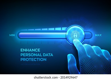 Increasing Privacy Security level. Enhance personal data protection level. Wireframe hand is pulling up to the maximum position progress bar with the fingerpring and lock icon. Vector illustration.