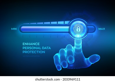 Increasing Privacy Security level. Enhance personal data protection level. Wireframe hand is pulling up to the maximum position progress bar with the fingerpring and lock icon. Vector illustration.