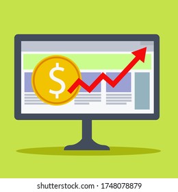 Increasing product sales for business profits Illustration on Laptop Flat Design template. Vector illustration with simple flat cartoon style. Stock coin increase. Investment economy themed drawing.