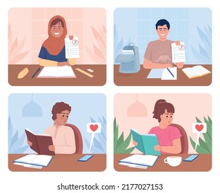 Increasing productivity for good marks 2D vector isolated illustration set. Easily distracted students flat characters on cartoon background. Colourful editable scene collection for mobile, website