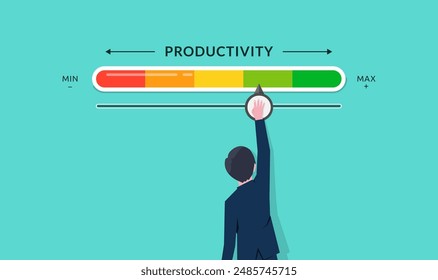 Increasing productivity level. Businessman is pulling up to maximum position progress bar. Enhance productivity for success