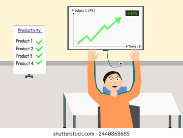 Increasing productivity motivation for Company Goals. Office worker cheers for joy reaching his productivity goals. The increasing is 43%.