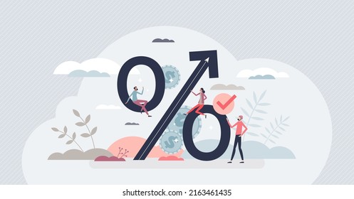 Increasing profit and business earnings percentage growth tiny person concept. Company financial development and money rate gain vector illustration. Increase economy and wealth with effective trading