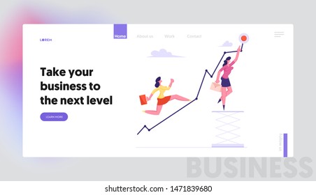 Increasing Profit, Challenge Website Landing Page, Business Woman Running Up by Growing Broken Curve Line to Red Point, Business Woman Destination, Web Page. Cartoon Flat Vector Illustration, Banner