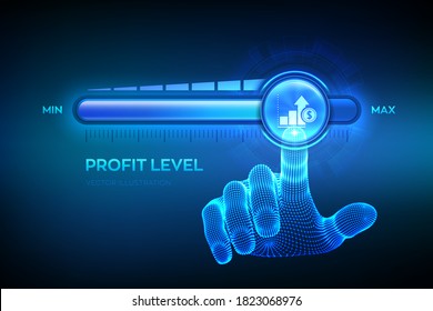 Increasing Profit Level. Wireframe hand is pulling up to the maximum position progress bar with the profit icon. Finance concept of profitability or return on investment. Vector illustration.