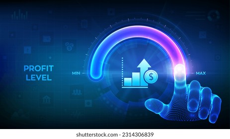 Increasing Profit Level. Wireframe hand is pulling up to the maximum position circle progress bar with the profit icon. Finance concept of profitability or return on investment. Vector illustration.