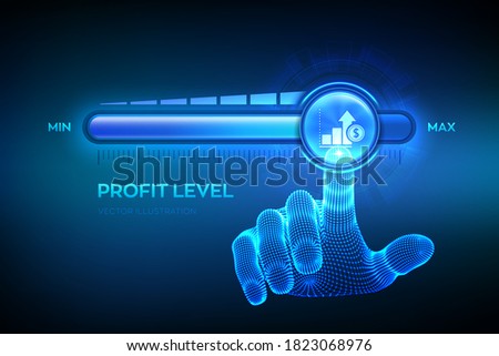 Increasing Profit Level. Wireframe hand is pulling up to the maximum position progress bar with the profit icon. Finance concept of profitability or return on investment. Vector illustration.