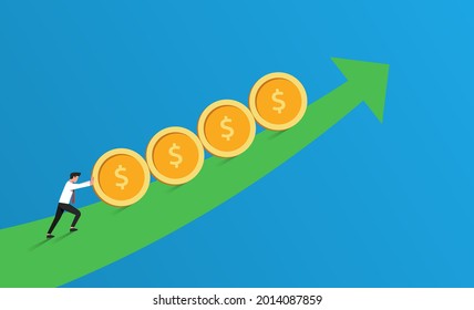 Increasing profit or sales business concept. Businessman rolling coins over arrow line symbol illustration