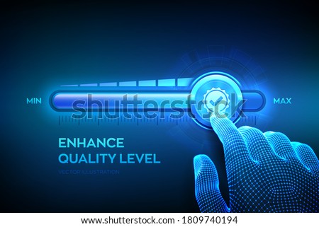 Increasing Quality level. Wireframe hand is pulling up to the maximum position progress bar with the quality icon. Quality improvement assurance certification service concept. Vector illustration.