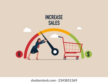 Increasing sales increase make business grow. Woman pulls to maximum position progress bar with shopping basket. Vector illustration