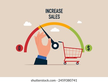 Increasing sales increase make business grow. Hand pulls to maximum position progress bar with shopping basket. Flat vector illustration