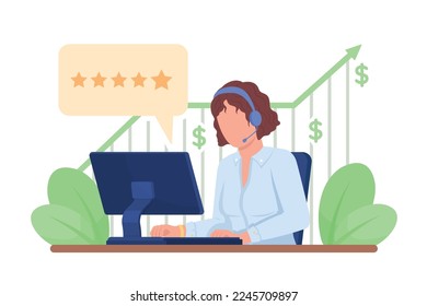 Increasing sales revenue 2D vector isolated illustration. Female assistant with positive reputation flat character on cartoon background. Colorful editable scene for mobile, website, presentation
