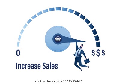 Increasing sales. Sale volume increase make business grow, finance concept. Boost your income. Happy businessman pulls to maximum position progress bar with shopping basket. Flat vector illustration