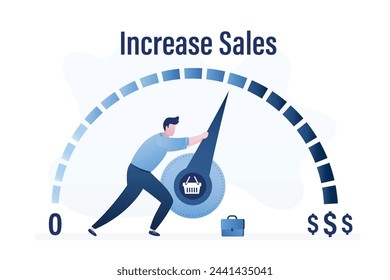 Increasing sales. Sale volume increase make business grow, finance concept. Boost your income. Businessman or manager pulls to maximum position progress bar with shopping basket. Vector illustration