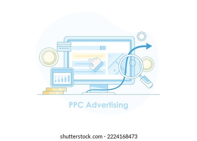 Increasing sales, website traffic growth, PPC advertising campaign, website digital marketing - flat line vector illustration background