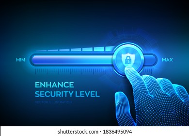 Increasing Security level. Cyber security concept. Wireframe hand is pulling up to the maximum position progress bar with the secure shield icon. Enhance data protection level. Vector illustration.