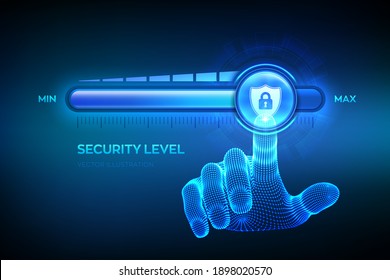 Increasing Security level. Cyber security concept. Wireframe hand is pulling up to the maximum position progress bar with the secure shield icon. Enhance data protection level. Vector illustration