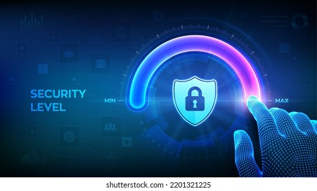 Increasing Security level. Cyber security concept. Wireframe hand is pulling up to the maximum position circle progress bar with the secure shield icon. Enhance data protection. Vector illustration.