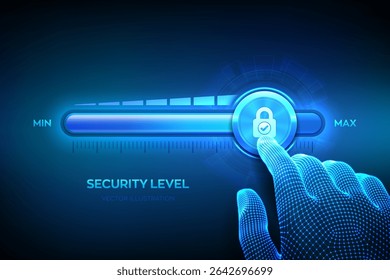 Increasing Security level. Cyber security concept. Network security. Wireframe hand is pulling up to the maximum position progress bar with the lock icon. Enhance data protection level. Vector.