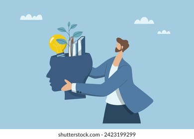 Increasing skills, Knowledge and abilities for oneself, Self development concept,  Professional learning, Businessman is taking care of a tree growing from himself. Vector design illustration.