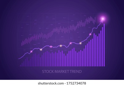 Increasing upward stock market trend with fluctuating purple electronic graph showing growing value in a financial and economic concept, colored vector illustration