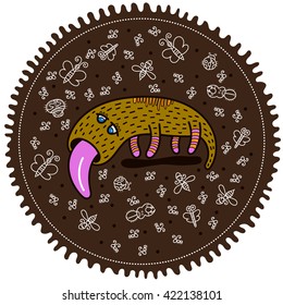 An incredible animal with his tongue hanging out and sad eyes. Dark background with insects