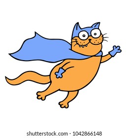 Incredible cat in a raincoat is ready to save the world. Cute cartoon superhero character. Vector illustration.