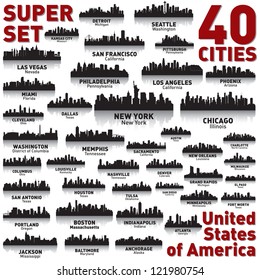 Incredible city skyline set. 40 city silhouettes of United States of America