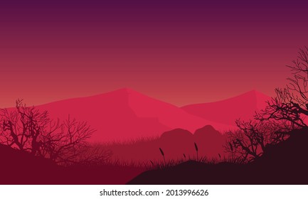 Incredible color of the twilight sky with a magnificent view of the mountains from the edge of town. Vector illustration of a city