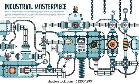 Incredible complex industrial machine with pipes, valves, hoses, mechanisms, apparatus. Spare parts are grouped separately - you can disassemble and assemble differently.