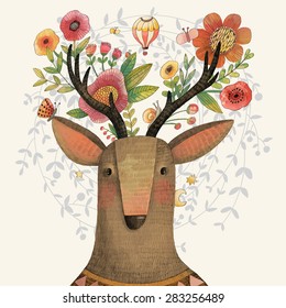 Incredible deer with awesome flowers. Lovely spring concept design in vector. Sweet deer and flowers made in watercolor technique