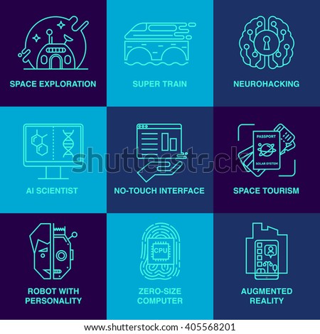 Incredible future technologies line icon set.
 Robot, high-speed train, space tourism, brain training and others. Main future trends.