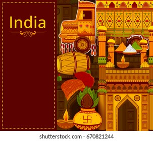 Incredible India background depicting Indian colorful culture and religion in vector