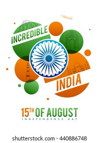 Incredible India, Creative line art illustration of famous Indian Monuments with Ashoka Wheel, Tricolor abstract background for 15th of August, Independence Day celebration.