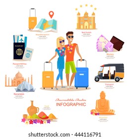 Incredible India travel infographic flat design. Vacation in exotic country vector illustration. Couple India Honeymoon. Documents, money, buildings, food, transport, hotel, navigation, vector icons.