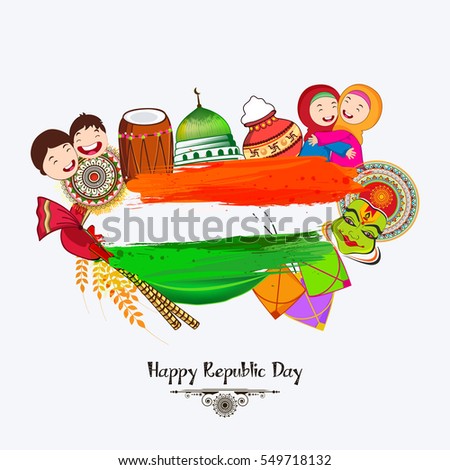 Incredible India, Vector Illustration on Tri Color grungy background for Happy Republic Day.
