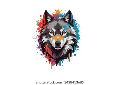 An incredible logo, the face of an wolf looking forward, with a monochrome, colorful background, a minimalist and vibrant style