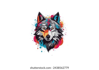 An incredible logo, the face of an wolf looking forward, with a monochrome, colorful background, a minimalist and vibrant style