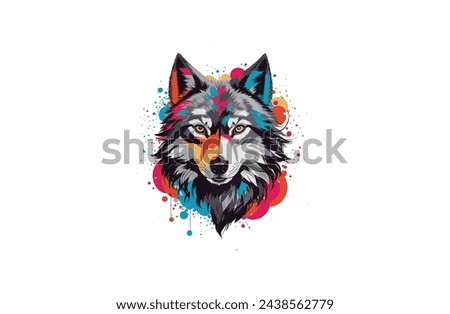 An incredible logo, the face of an wolf looking forward, with a monochrome, colorful background, a minimalist and vibrant style