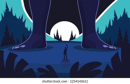 Incredible meeting of an ordinary man and a giant against the background of the night mountain landscape. Big legs of the giant in the frame. Night coniferous forest. Cartoon flat style illustration