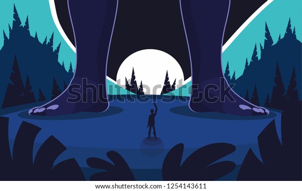 Incredible meeting of an ordinary man and a\
giant against the background of the night mountain landscape. Big\
legs of the giant in the frame. Night coniferous forest. Cartoon\
flat style\
illustration