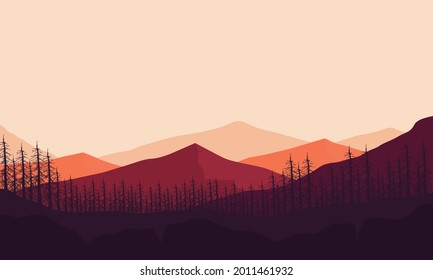 Incredible mountain and forest views from the outskirts of the city on a sunny morning. Vector illustration of a city