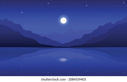 
Incredible mountain landscape. Lake with blue water. Night sky with moon and stars reflection in water view. Vector illustration. 