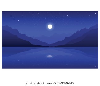 Incredible mountain landscape. Lake with blue water. Night sky with moon vector illustration