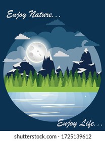 Incredible mountain landscape. Modern concept vector flat illustration. Breathtaking view. Mountains, pond, relaxation, tranquility in nature. Appreciate life. Good night.