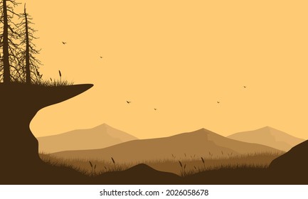 Incredible mountain panorama from the edge of the city in the afternoon with the silhouette of dry trees around it. Vector illustration of a city