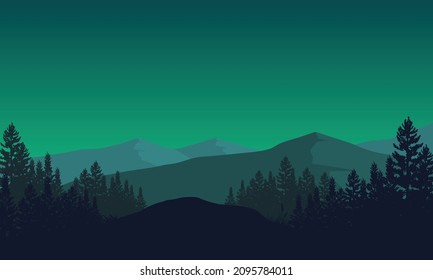 Incredible mountain panorama at night with a fantastic pine trees silhouette all around. Vector illustration of a city