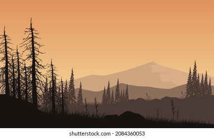 Incredible mountain panorama from the out of the city at dusk with the silhouette of pine trees all around. Vector illustration of a city