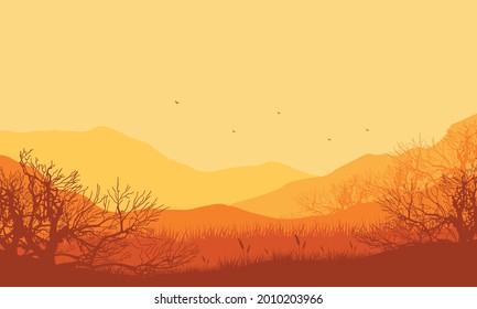 Incredible Mountain views with aesthetic dry tree silhouettes from the suburb on a sunny day. Vector illustration of a city